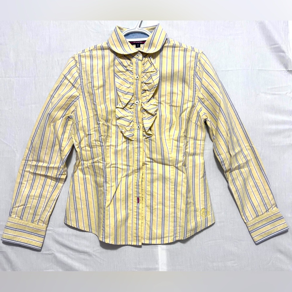 E·LAND Striped Ruffle Button-Up Shirt – Size 170/92A (L/XL)